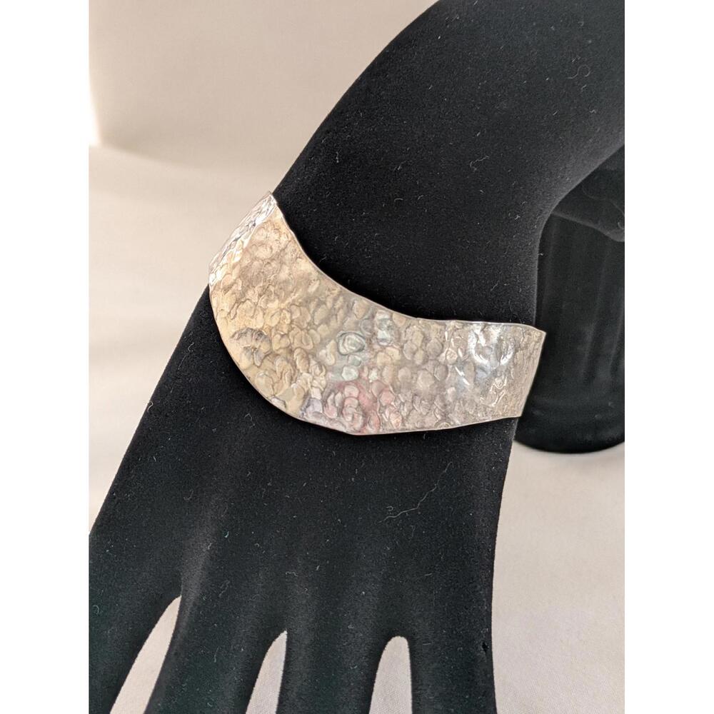 Artisan Style Hammered Cuff, Irregular Curved Design, Silver Tone Metal